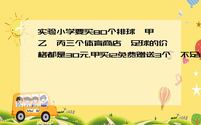 实验小学要买80个排球,甲、乙、丙三个体育商店,足球的价格都是30元.甲买12免费赠送3个,不足12不赠送.乙每个足球优惠5元.丙满200送30.（到那家买划算,为什么）