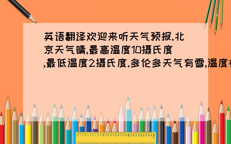 英语翻译欢迎来听天气预报.北京天气晴,最高温度10摄氏度,最低温度2摄氏度.多伦多天气有雪,温度在-10摄氏度和-4摄氏度之间.提示,北京（Beijing） 多伦多（Toronto） 温度在……和……（between