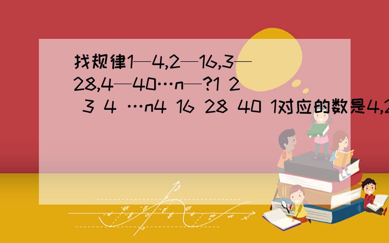 找规律1—4,2—16,3—28,4—40…n—?1 2 3 4 …n4 16 28 40 1对应的数是4,2对应的数是16……