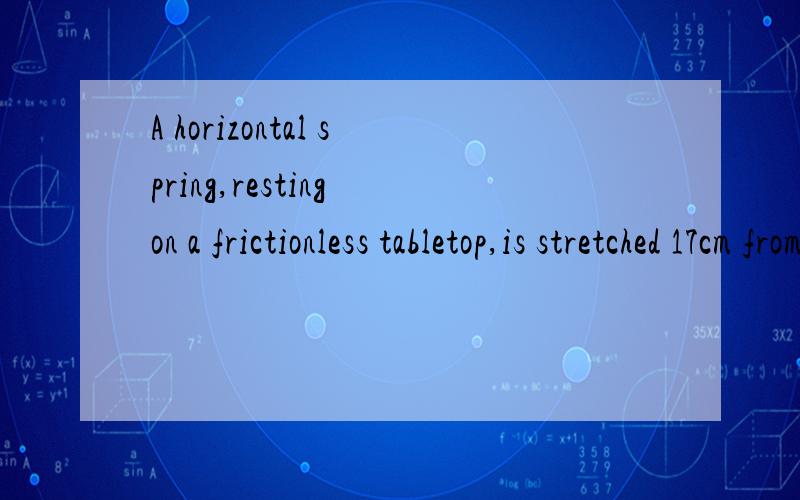 A horizontal spring,resting on a frictionless tabletop,is stretched 17cm from its unstretched configuration and a 1.00-kg mass is attached to it.The system is released from rest.A fraction of a second later,the spring finds itself compressed 3.4cm fr