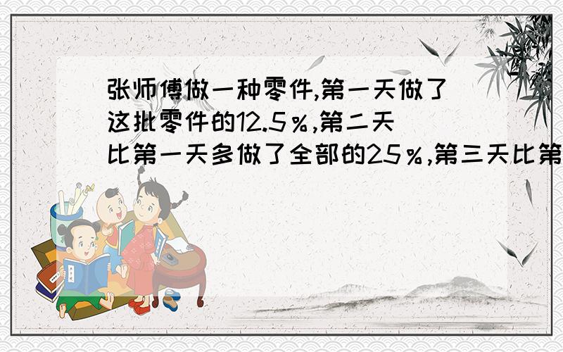 张师傅做一种零件,第一天做了这批零件的12.5％,第二天比第一天多做了全部的25％,第三天比第二天多做8个这是正好完成这批零件.这批零件共有多少个