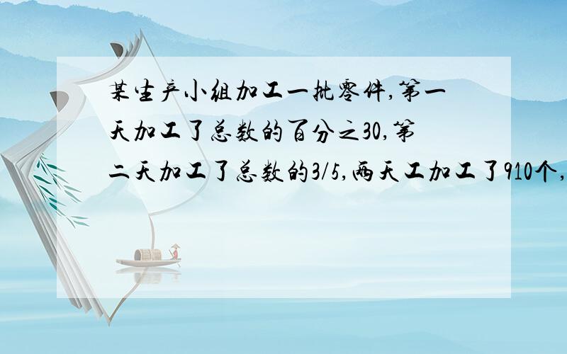 某生产小组加工一批零件,第一天加工了总数的百分之30,第二天加工了总数的3/5,两天工加工了910个,剩下多少个没加工?