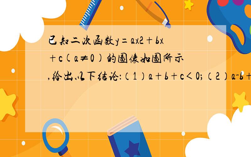 已知二次函数y=ax2+bx+c(a≠0)的图像如图所示,给出以下结论：（1）a+b+c＜0；（2）a-b+c＜0 （3）b+2a＜0；（4）abc＞0要解题思路,