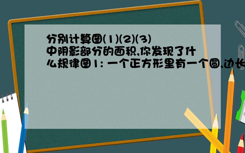 分别计算图(1)(2)(3)中阴影部分的面积,你发现了什么规律图1: 一个正方形里有一个圆,边长是a.图2：一个正方形里有四个圆,边长是a.图3：一个正方形里有九个圆,边长是a.你发现了什么规律