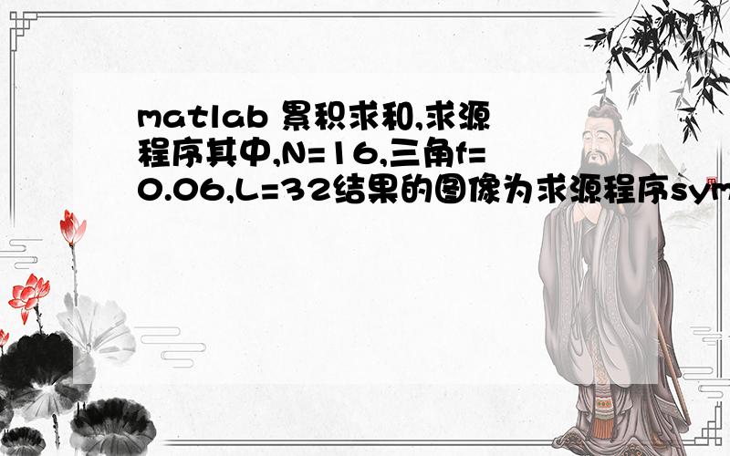 matlab 累积求和,求源程序其中,N=16,三角f=0.06,L=32结果的图像为求源程序syms nk=0:31;x=sin(2*pi*0.135*n)+cos(2*pi*(0.135+0.06)*n);y=x.*exp(i*(-2*pi*n*k/32));a=symsum(y,n,0,15);b=abs(a);p=(b.^2)/16;plot(k,p)运行结果如下：请