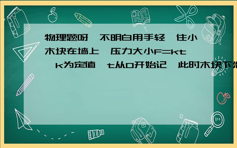 物理题呀,不明白用手轻摁住小木块在墙上,压力大小F=kt,k为定值,t从0开始记,此时木块下滑,当力等于重力大小时,由于速度未减下来,木块仍会以F=kt大小直到速度为0时停止此时木块所受摩擦力