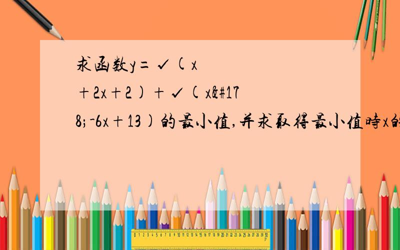 求函数y=√(x²+2x+2)+√(x²-6x+13)的最小值,并求取得最小值时x的值.