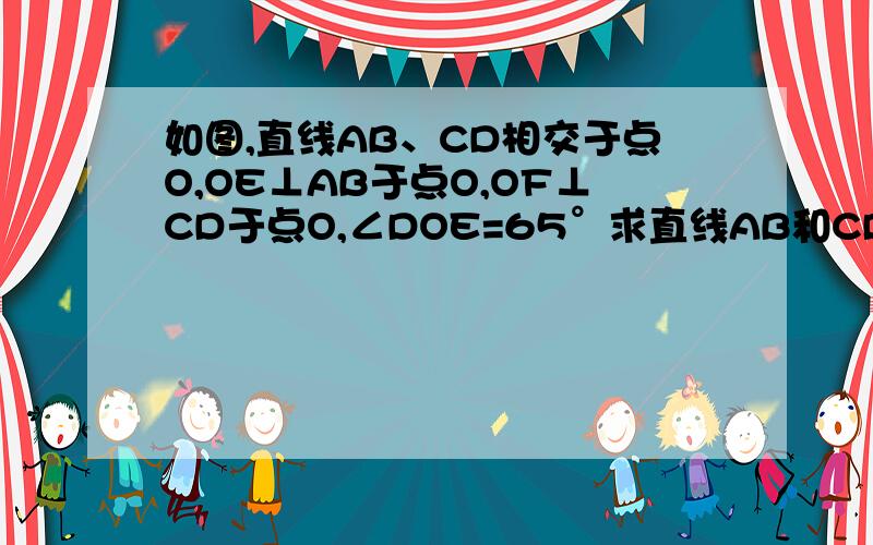 如图,直线AB、CD相交于点O,OE⊥AB于点O,OF⊥CD于点O,∠DOE=65°求直线AB和CD的夹角的大小∠BOF的度数∠AOC和∠BOF是什么关系