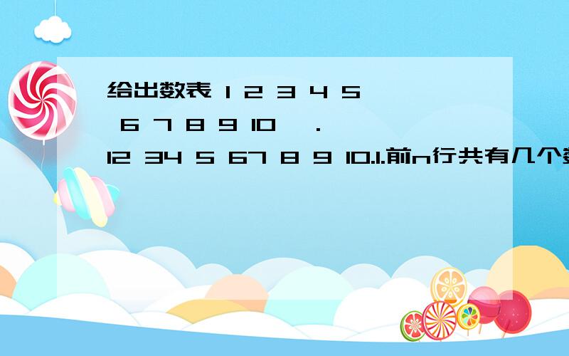 给出数表 1 2 3 4 5 6 7 8 9 10 、.12 34 5 67 8 9 10.1.前n行共有几个数?2.n行的第一个数和最后一个数各是多少?3.求第n行各数之和4.求前n行各数之和5.第100是第几行第几个数?