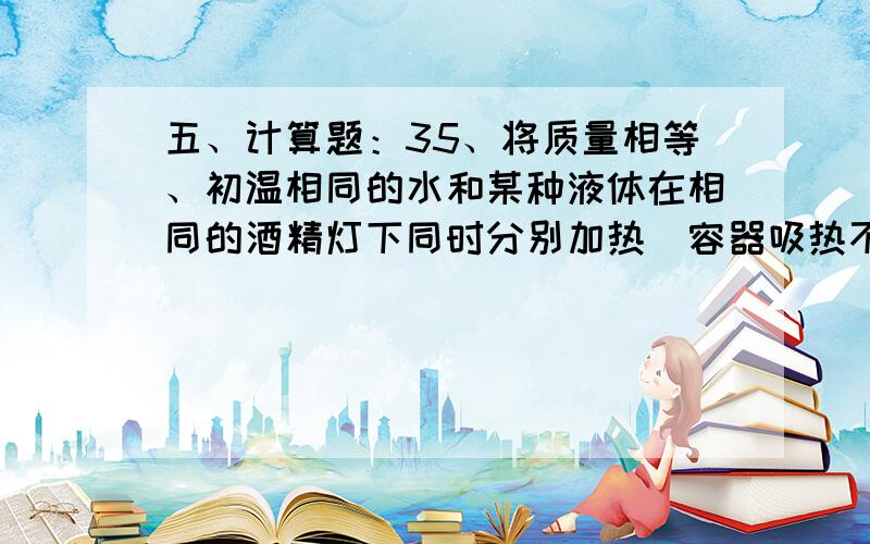 五、计算题：35、将质量相等、初温相同的水和某种液体在相同的酒精灯下同时分别加热（容器吸热不计）,每隔1min记录一次它们的温度,并将它们升高的温度随时间变化的关系用如图所示的