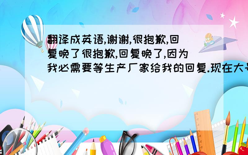 翻译成英语,谢谢,很抱歉,回复晚了很抱歉,回复晚了,因为我必需要等生产厂家给我的回复.现在大号娃娃有2种颜色,小号只有3种颜色现在大号娃娃有5种颜色,小号只有3种颜色