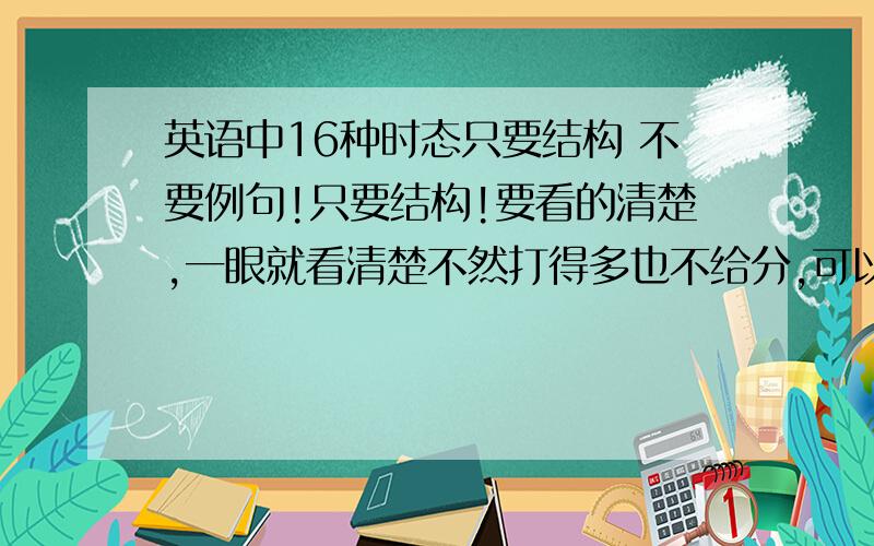 英语中16种时态只要结构 不要例句!只要结构!要看的清楚,一眼就看清楚不然打得多也不给分,可以抄袭!