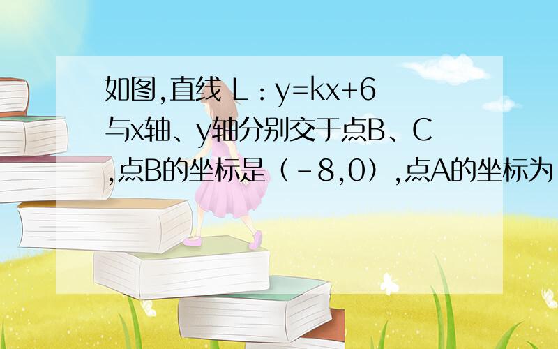 如图,直线 L：y=kx+6与x轴、y轴分别交于点B、C,点B的坐标是（-8,0）,点A的坐标为（-6,0）  （1）求K的值.（2）若点P（x,y）是直线L在第二象限内一个动点,试写出△OPA的面积S与x的函数关系式,并写