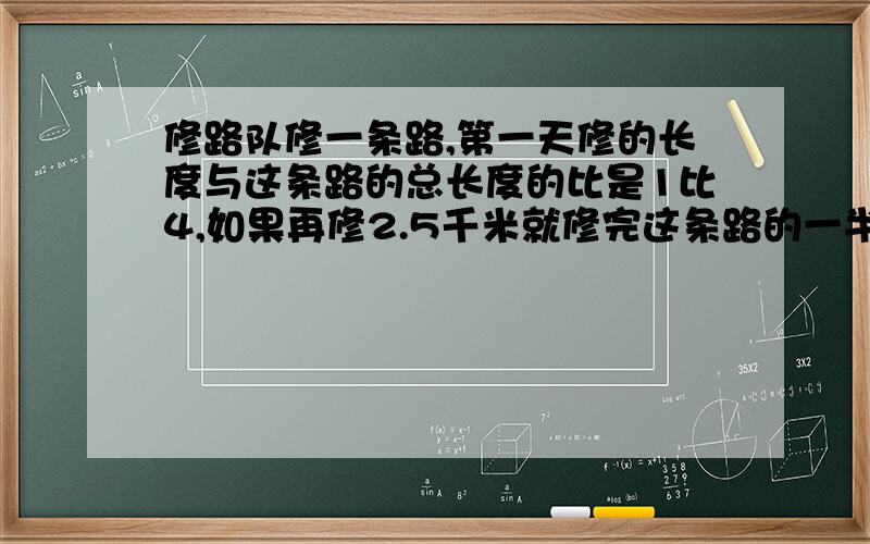 修路队修一条路,第一天修的长度与这条路的总长度的比是1比4,如果再修2.5千米就修完这条路的一半,这条路共长多少千米?