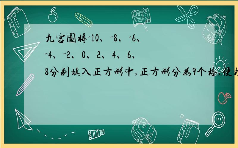 九宫图将-10、-8、-6、-4、-2、0、2、4、6、8分别填入正方形中,正方形分为9个格,使横、竖、斜三个数字相加结果一样