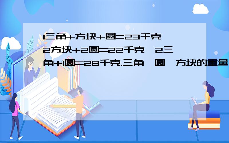 1三角+方块+圆=23千克,2方块+2圆=22千克,2三角+1圆=28千克.三角,圆,方块的重量是多少?