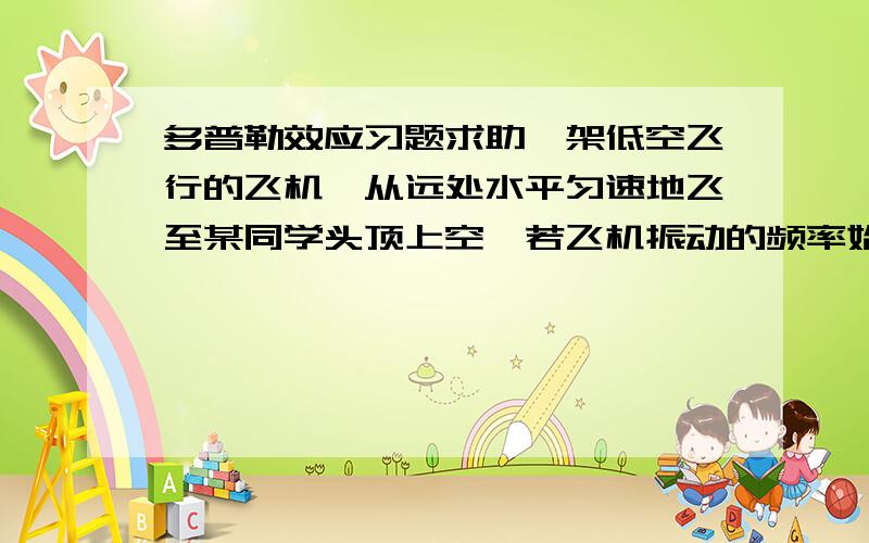 多普勒效应习题求助一架低空飞行的飞机,从远处水平匀速地飞至某同学头顶上空,若飞机振动的频率始终不变,从听到声音至习机飞监该同学头顶上空时刻前,他听到的习机声音的音调（）A.不