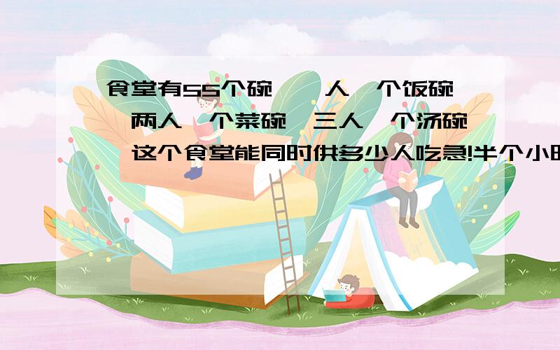 食堂有55个碗,一人一个饭碗,两人一个菜碗,三人一个汤碗,这个食堂能同时供多少人吃急!半个小时之内解答~~注：（用方程解）要原创！！！！不要搜得的答案~~