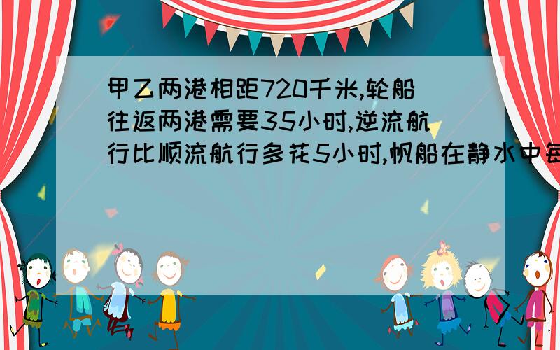 甲乙两港相距720千米,轮船往返两港需要35小时,逆流航行比顺流航行多花5小时,帆船在静水中每小时行驶24,问帆船往返两港要多少小时?轮船顺流用时：（35-5）÷2=15小时顺水船速为每小时：720÷