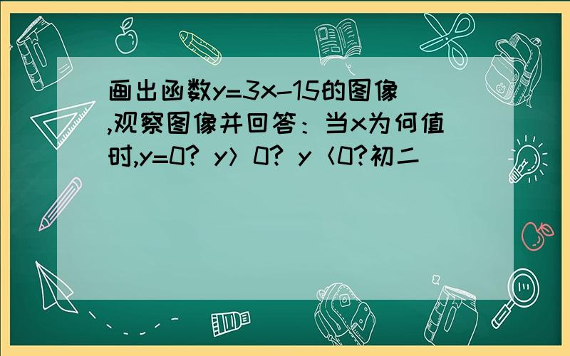 画出函数y=3x-15的图像,观察图像并回答：当x为何值时,y=0? y＞0? y＜0?初二