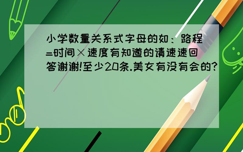 小学数量关系式字母的如：路程=时间×速度有知道的请速速回答谢谢!至少20条.美女有没有会的?