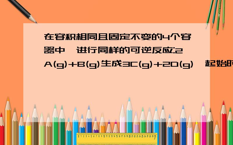 在容积相同且固定不变的4个容器中,进行同样的可逆反应:2A(g)+B(g)生成3C(g)+2D(g),起始时四个容器所盛A B物质的量分别是甲:A:2摩,B:1摩 乙:A:1摩 B:1摩 丙A:2摩 B:2摩 丁A:1摩 B:2摩 在相同温度下建立