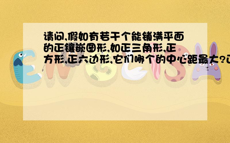 请问,假如有若干个能铺满平面的正镶嵌图形,如正三角形,正方形,正六边形,它们哪个的中心距最大?正三角形,正方形,正六边形的中心到顶点的距离均分别相等,我知道假如图形边数增加,则需要