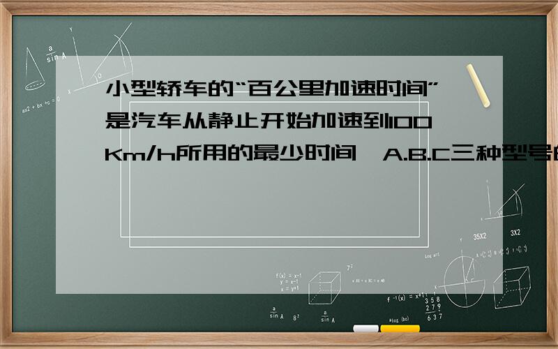 小型轿车的“百公里加速时间”是汽车从静止开始加速到100Km/h所用的最少时间,A.B.C三种型号的轿车,A,B,C.加速时间分别为11.3S 13.2S 15.5S,求平均加速度