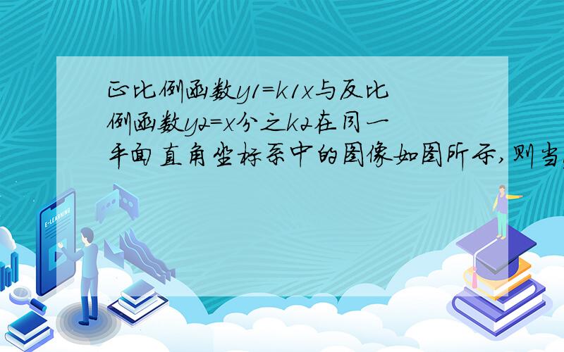 正比例函数y1=k1x与反比例函数y2=x分之k2在同一平面直角坐标系中的图像如图所示,则当y1＞y2时x的取值范围是