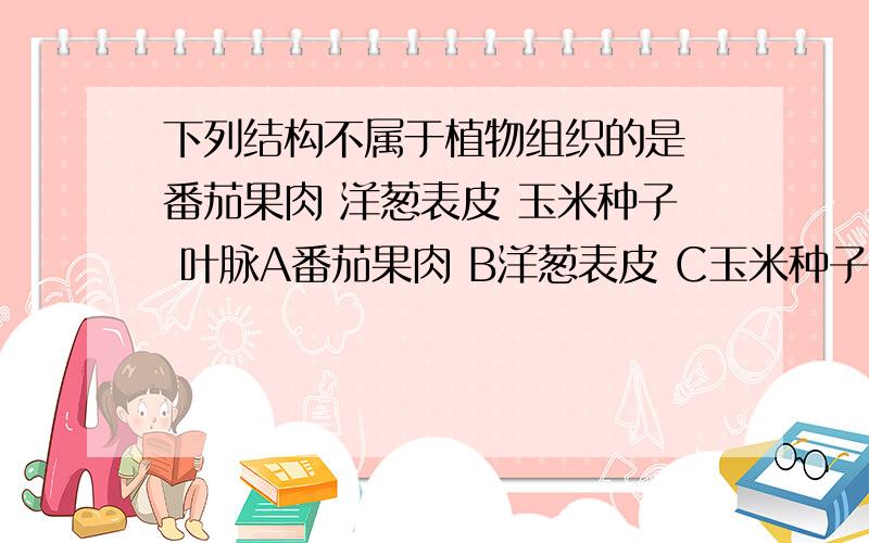 下列结构不属于植物组织的是 番茄果肉 洋葱表皮 玉米种子 叶脉A番茄果肉 B洋葱表皮 C玉米种子 D叶脉