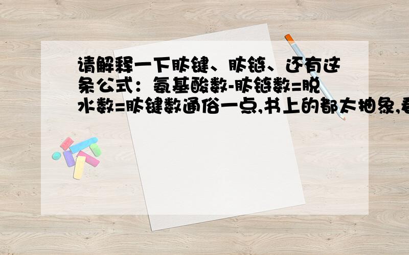 请解释一下肽键、肽链、还有这条公式：氨基酸数-肽链数=脱水数=肽键数通俗一点,书上的都太抽象,看不懂.