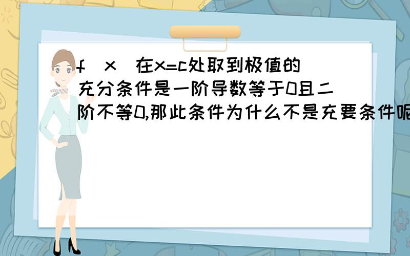 f(x)在x=c处取到极值的充分条件是一阶导数等于0且二阶不等0,那此条件为什么不是充要条件呢难道是因为有些函数取到极值时没有导数吗?