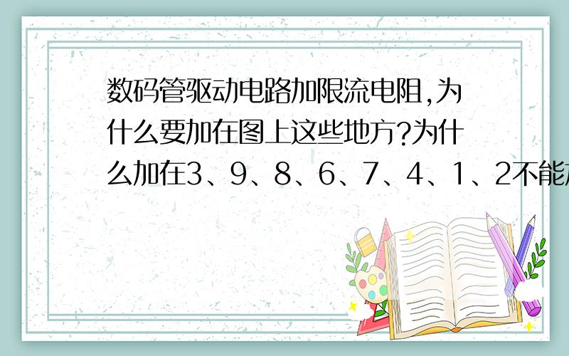 数码管驱动电路加限流电阻,为什么要加在图上这些地方?为什么加在3、9、8、6、7、4、1、2不能加在5、10么?