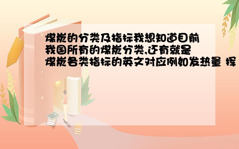 煤炭的分类及指标我想知道目前我国所有的煤炭分类,还有就是煤炭各类指标的英文对应例如发热量 挥 发 灰 分：全 硫：全 水：固定炭：焦 渣：粒 度：灰融点：粘 结：胶 质：麻烦大家了,