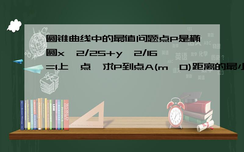 圆锥曲线中的最值问题点P是椭圆x^2/25+y^2/16=1上一点,求P到点A(m,0)距离的最小值