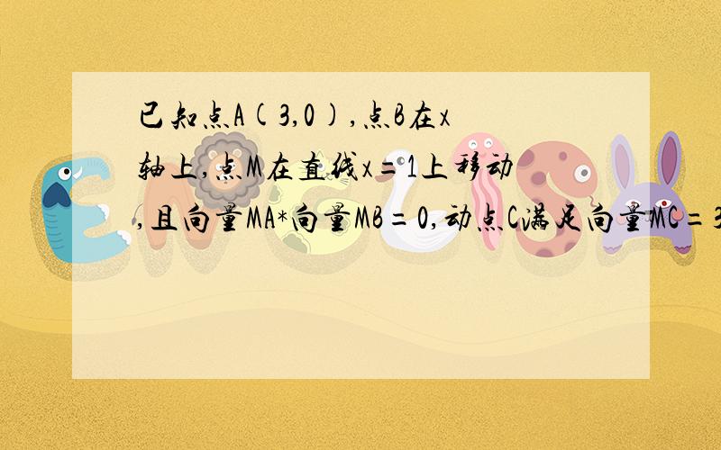 已知点A(3,0),点B在x轴上,点M在直线x=1上移动,且向量MA*向量MB=0,动点C满足向量MC=3向量BC.（1）求C点的轨迹D的方程,（2）设直线l:y=k(x-1)与曲线D有两个不同的交点E,F,点P(0,1),当角EPF为锐角时,求k的