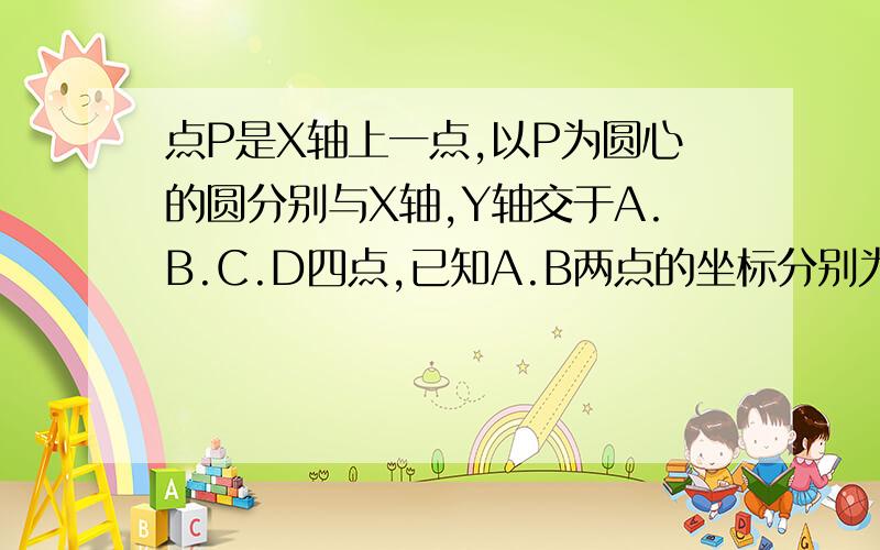 点P是X轴上一点,以P为圆心的圆分别与X轴,Y轴交于A.B.C.D四点,已知A.B两点的坐标分别为A(‐3,0),B(1,0),