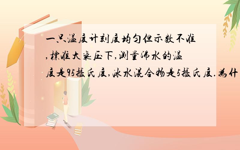 一只温度计刻度均匀但示数不准,标准大气压下,测量沸水的温度是95摄氏度,冰水混合物是5摄氏度.为什么会出现这种情况?如果挂在一个地方示数为32摄氏度,实际温度是多少?