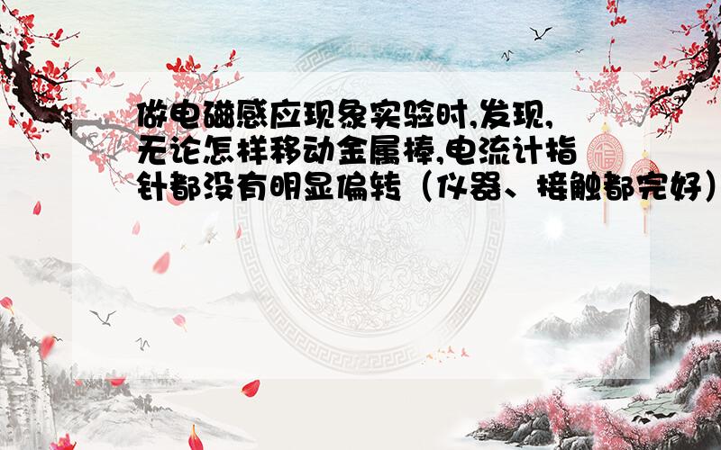 做电磁感应现象实验时,发现,无论怎样移动金属棒,电流计指针都没有明显偏转（仪器、接触都完好）请从两个方面提出改进措施,以使指针明显偏转.