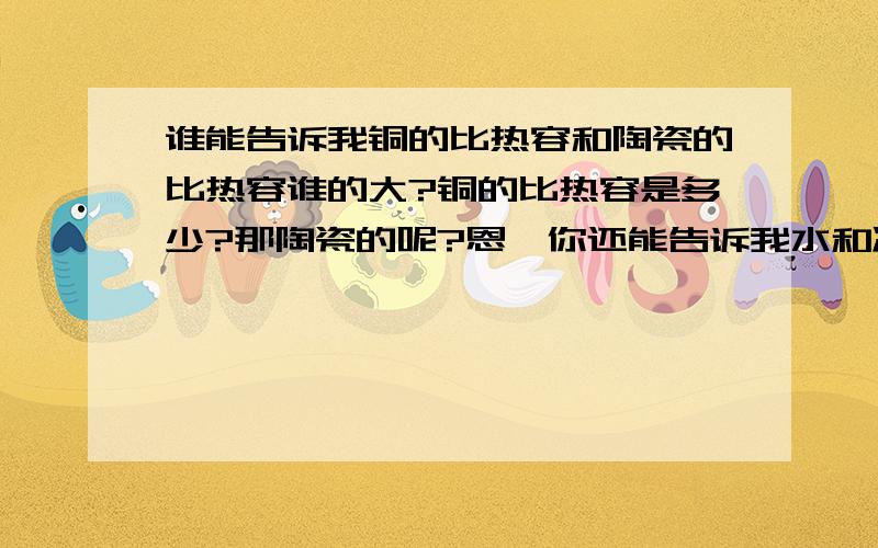 谁能告诉我铜的比热容和陶瓷的比热容谁的大?铜的比热容是多少?那陶瓷的呢?恩,你还能告诉我水和冰的比热容谁的大吗?