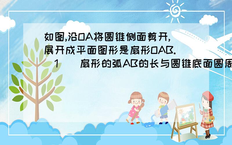 如图,沿OA将圆锥侧面剪开,展开成平面图形是扇形OAB.(1)扇形的弧AB的长与圆锥底面圆周的长是怎样的关系?点A和点B在圆锥的侧面上是怎样的位置关系?(2)若角∠AOB=90°,则圆锥底面圆半径r与扇