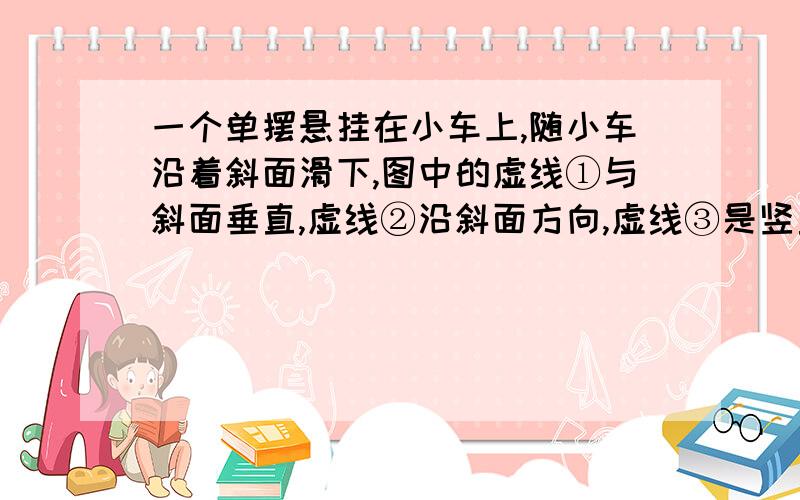 一个单摆悬挂在小车上,随小车沿着斜面滑下,图中的虚线①与斜面垂直,虚线②沿斜面方向,虚线③是竖直方向,下列说法正确的是 A．如果斜面光滑,摆线与①重合B．如果斜面光滑,摆线与③重合