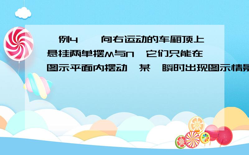 【例4】一向右运动的车厢顶上悬挂两单摆M与N,它们只能在图示平面内摆动,某一瞬时出现图示情景,由此可知车厢的运动及两单摆相对车厢的运动的可能情况是A．车厢做匀速直线运动,M在摆动,