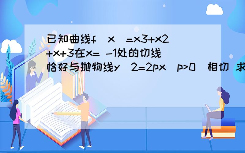 已知曲线f(x)=x3+x2+x+3在x= -1处的切线恰好与抛物线y^2=2px（p>0）相切 求抛物线方程和切点坐标?