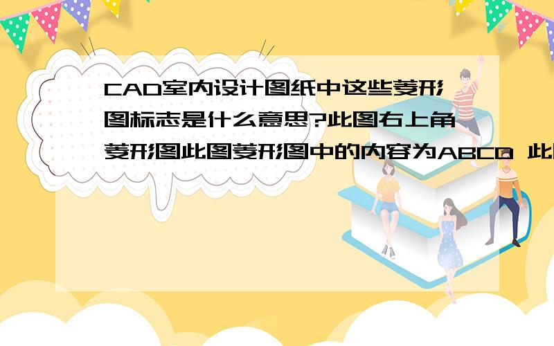 CAD室内设计图纸中这些菱形图标志是什么意思?此图右上角菱形图此图菱形图中的内容为ABCD 此图右上角菱形图中的内容为如ABCDEFG等字母,字母下还有194、192、193、180等数字,有时是在正方形中,