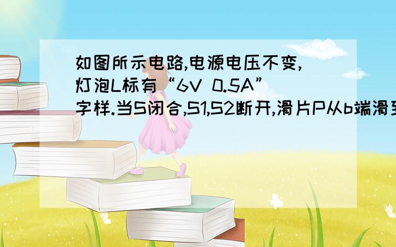 如图所示电路,电源电压不变,灯泡L标有“6V 0.5A”字样.当S闭合,S1,S2断开,滑片P从b端滑到中点时,电流表的示数变化了0.1A,此时电压表的示数为6V；保持滑片P的位置不变,闭合S1,S2,电流表的示数有