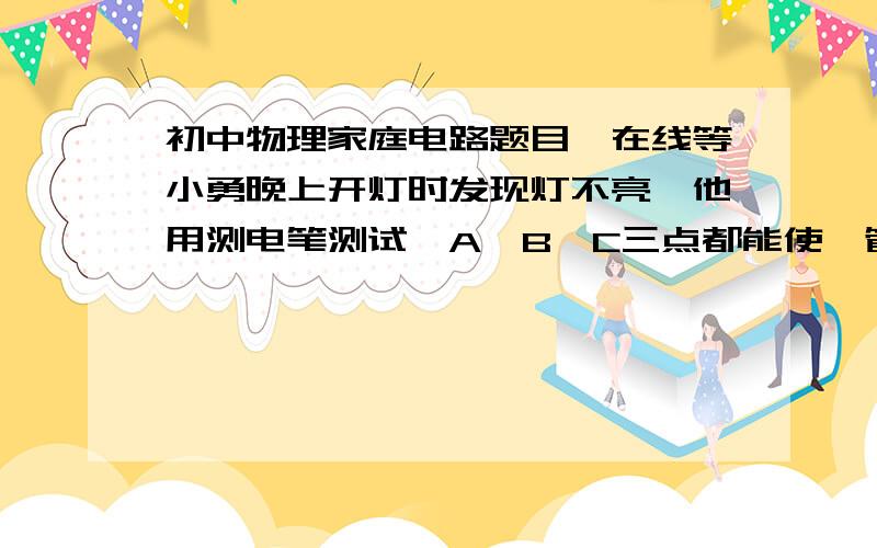 初中物理家庭电路题目,在线等小勇晚上开灯时发现灯不亮,他用测电笔测试,A、B、C三点都能使氖管发光,只有D点氖管不发光,则可以判断出故障是（A点位于火线,B点、C点位于灯泡两侧,D点位于