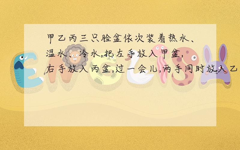 甲乙丙三只脸盆依次装着热水、温水、冷水,把左手放入甲盆,右手放入丙盆,过一会儿,两手同时放入乙盆,这时双手的感觉是A 两手都感觉温 B 两手都感觉先热后冷C 左手感觉热,右手感觉冷 D 左