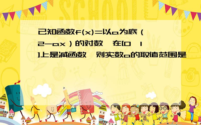 已知函数f(x)=以a为底（2-ax）的对数,在[0,1]上是减函数,则实数a的取值范围是