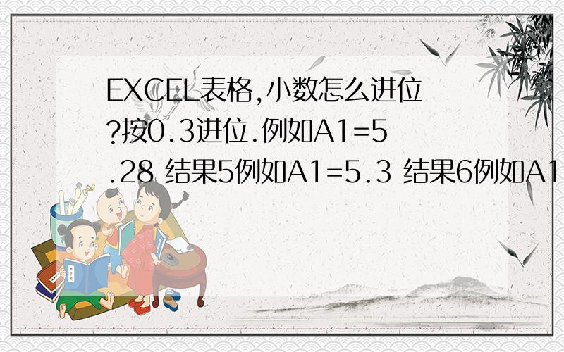 EXCEL表格,小数怎么进位?按0.3进位.例如A1=5.28 结果5例如A1=5.3 结果6例如A1=5.4 结果6例如A1=5.11 结果5例如A1=5.311 结果6